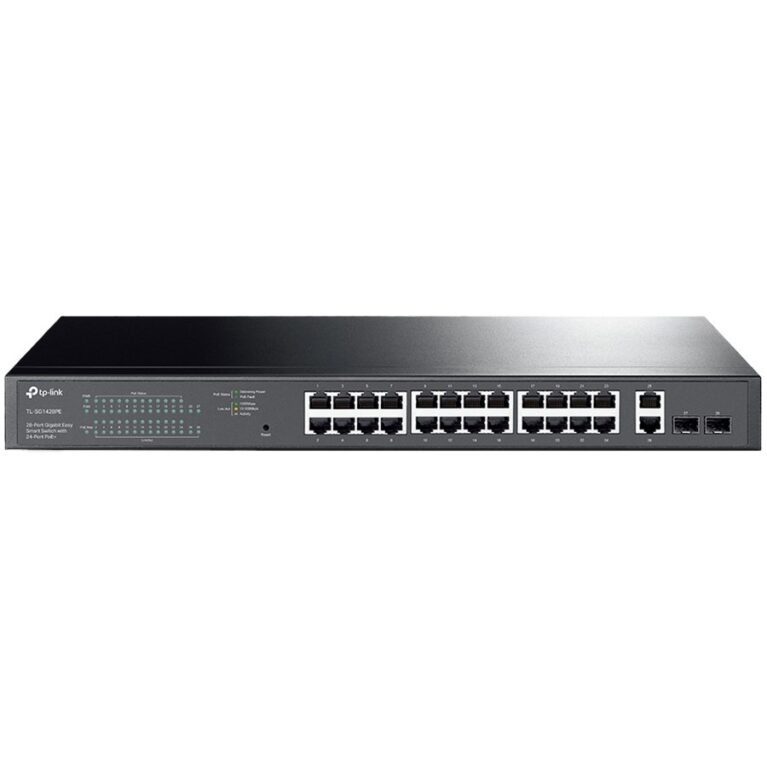 28-port gigabit Easy Smart switch with 24 PoE+ ports 26 10/100/1000Mbps RJ-45 ports 2 SFP